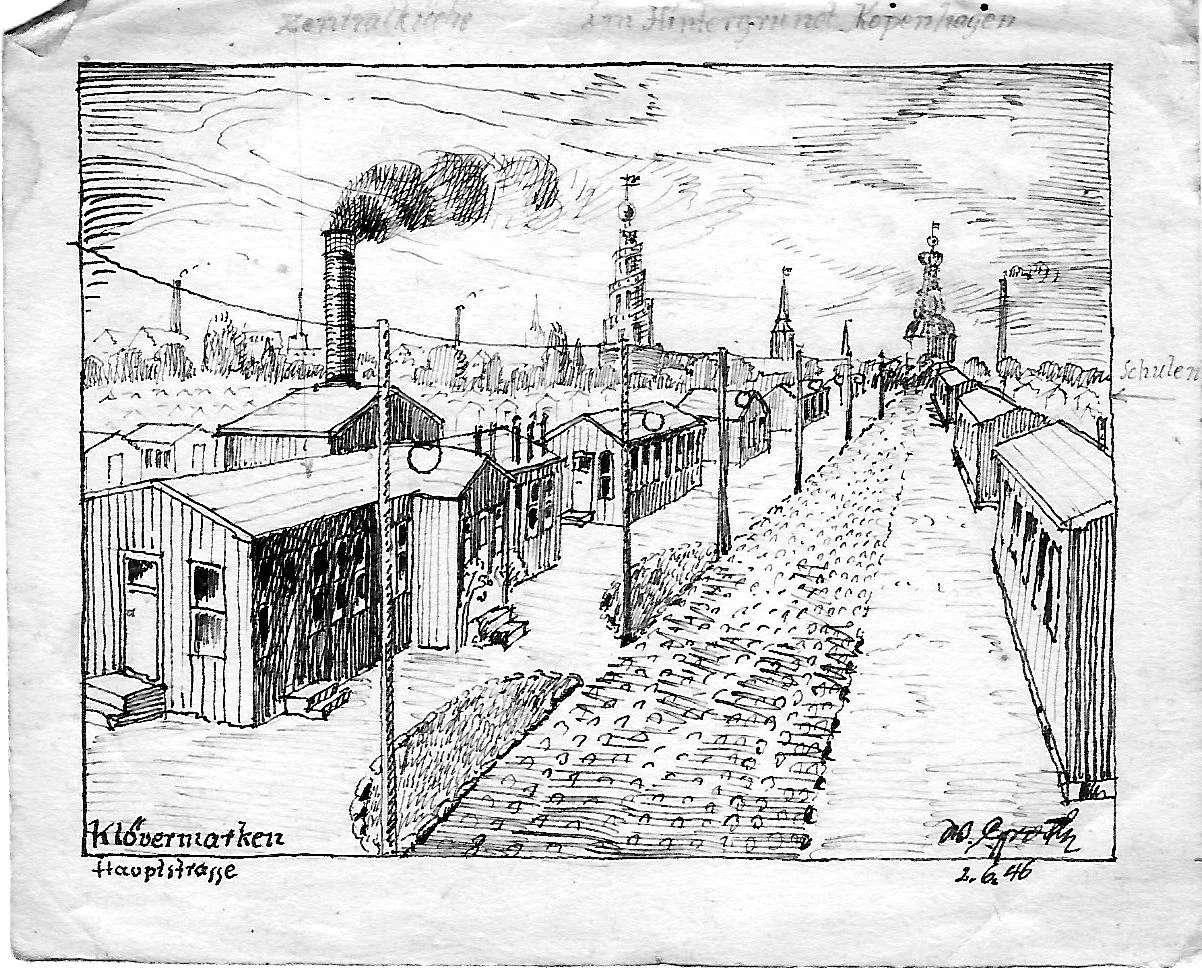 Willy Groth’s 1946 drawing of the main street in the Kløvermarken refugee camp