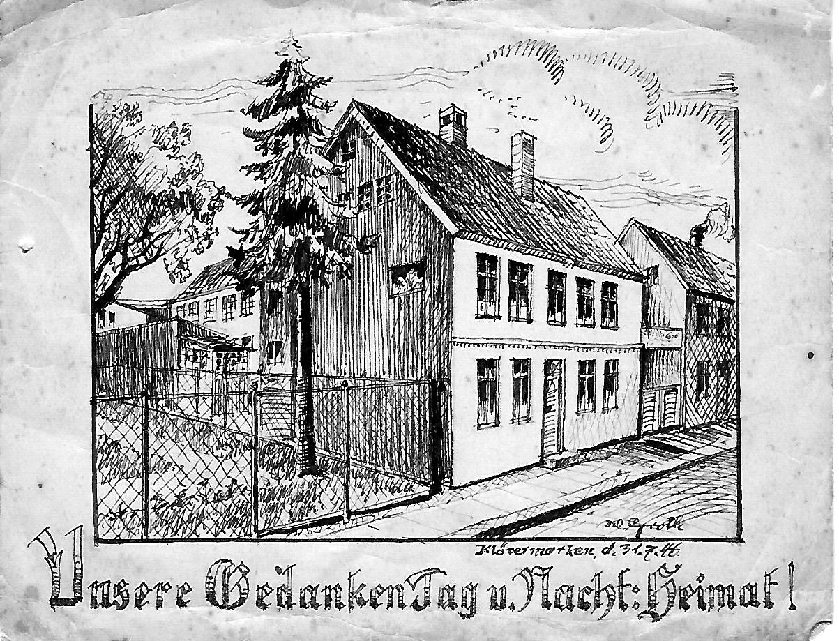 Willy Groth’s drawing of his lost house and workshop in Stolp, bearing the words “Our thoughts, day and night: home”